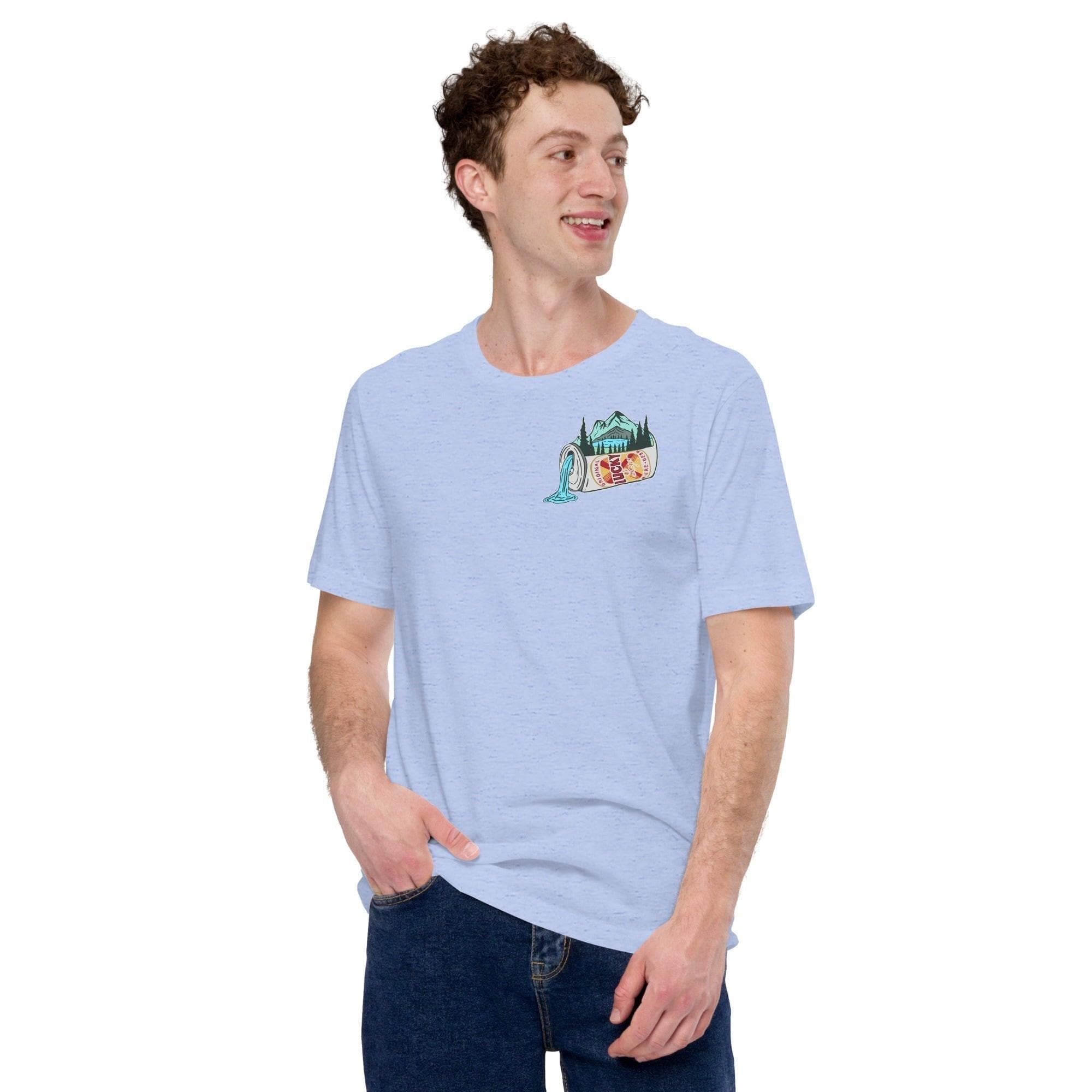 Design of Lucky Lager Scenery Design - Unisex t-shirt , the colour is Heather Blue