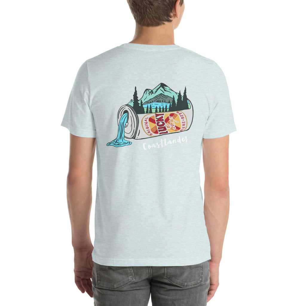 Design of Lucky Lager Scenery Design - Unisex t-shirt , the colour is Heather Prism Ice Blue
