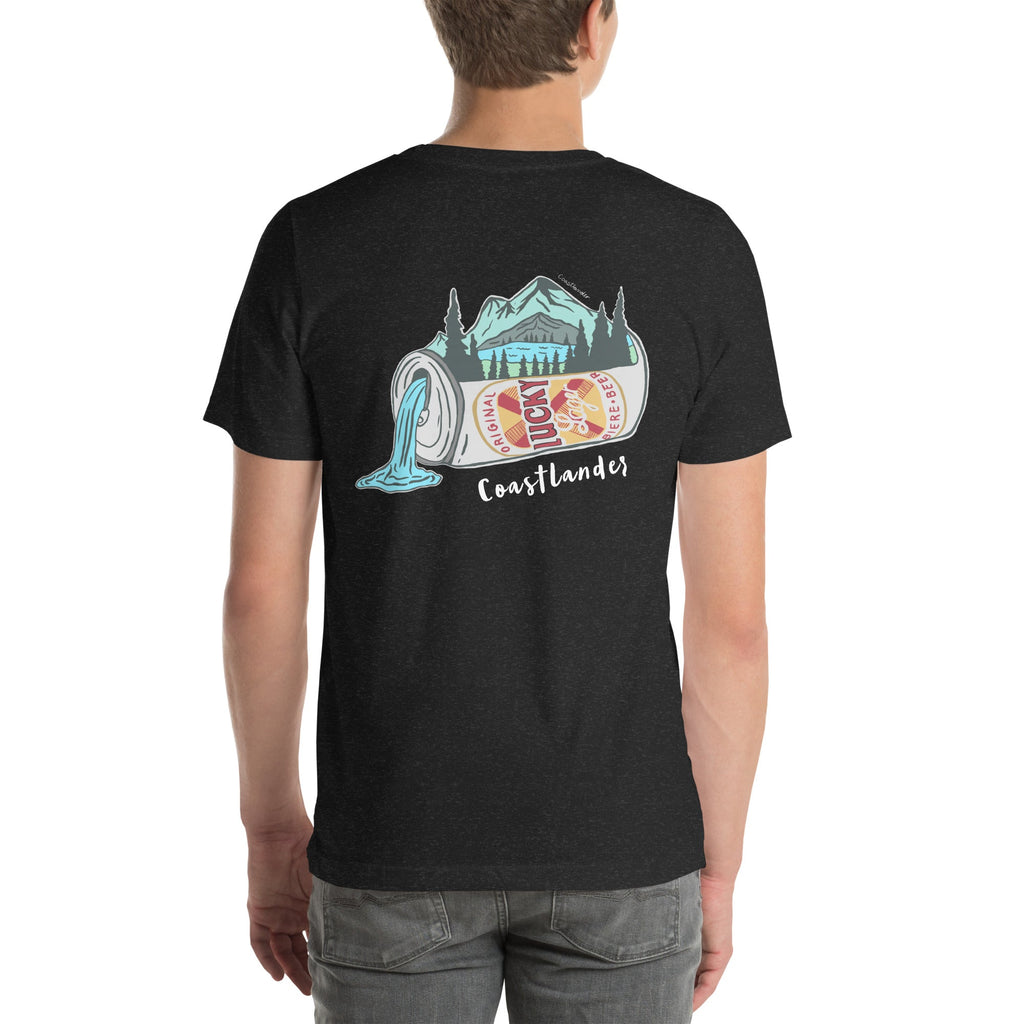 Design of Lucky Lager Scenery Design - Unisex t-shirt , the colour is Black Heather