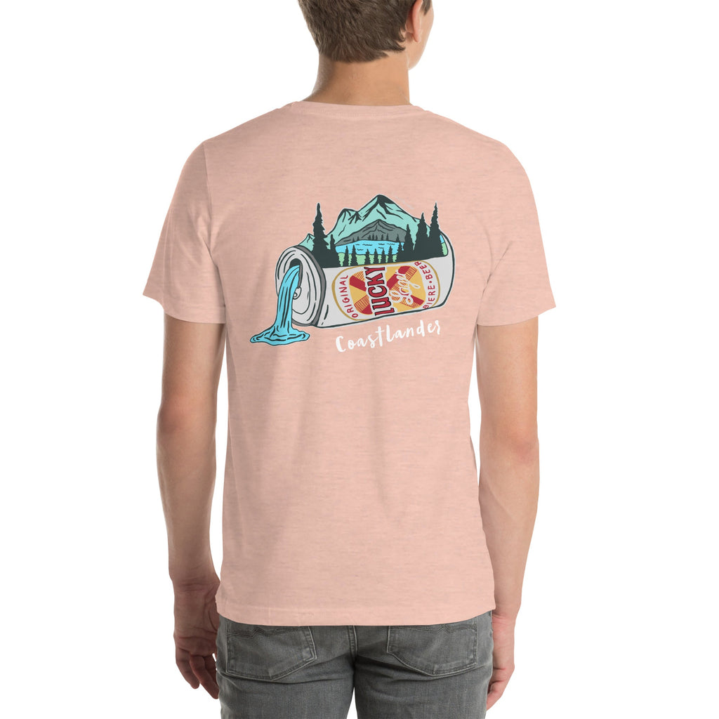 Design of Lucky Lager Scenery Design - Unisex t-shirt , the colour is Heather Prism Peach