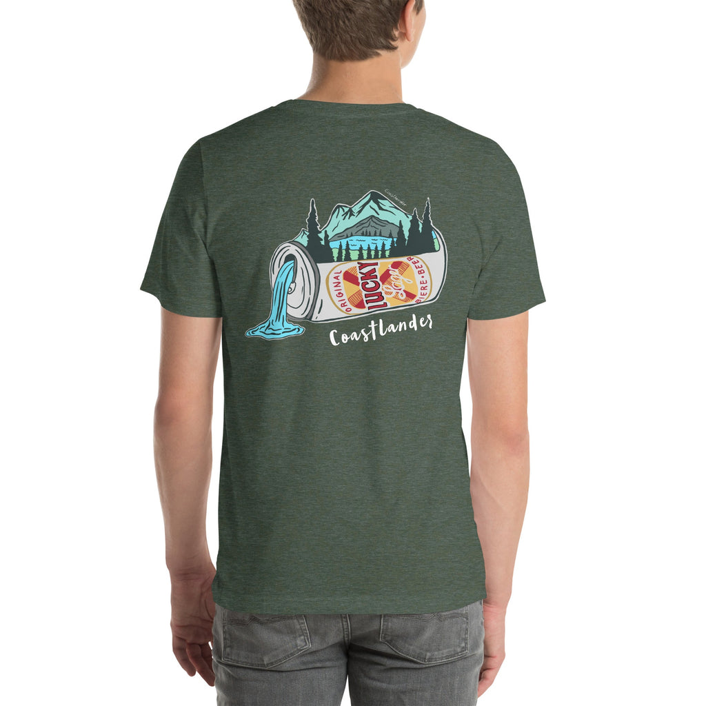 Design of Lucky Lager Scenery Design - Unisex t-shirt , the colour is Heather Forest