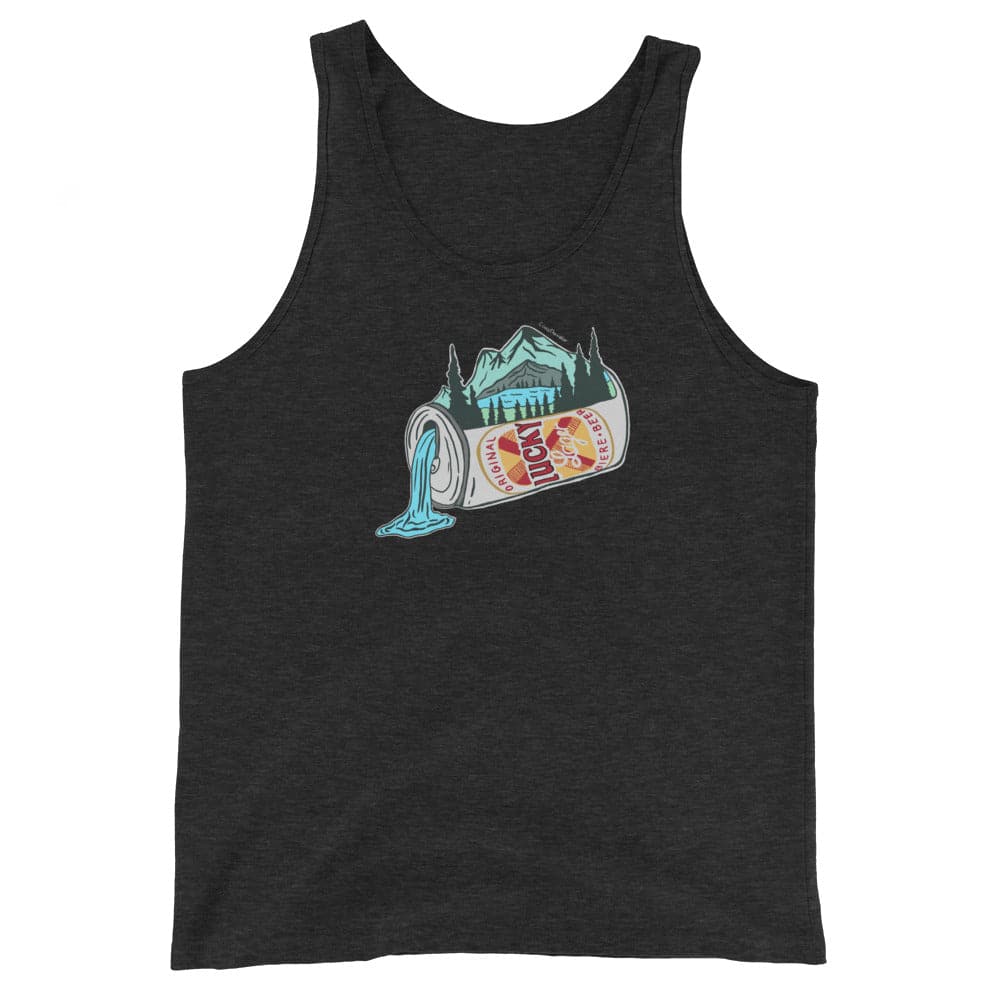 Design of Lucky Lager Scenery - Waterfall - Unisex Tank Top , the colour is Charcoal-Black Triblend