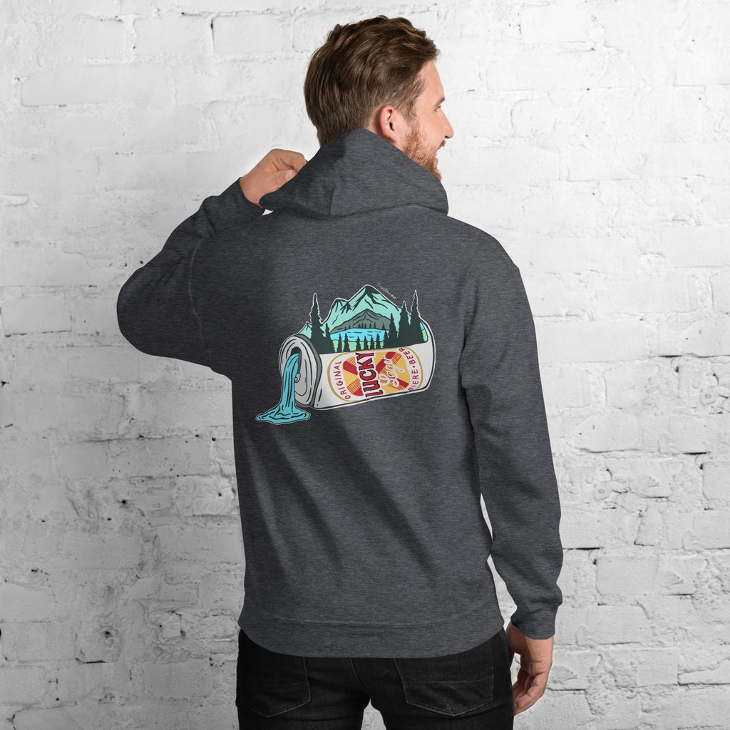 Design of Lucky Lager Scenic Waterfall - Unisex Hoodie , the colour is Dark Heather