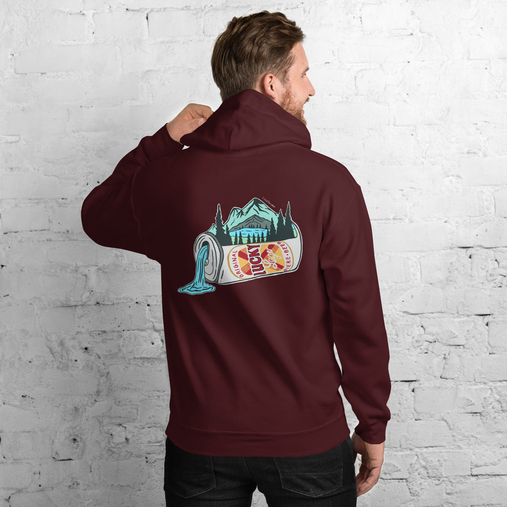 Design of Lucky Lager Scenic Waterfall - Unisex Hoodie , the colour is Maroon