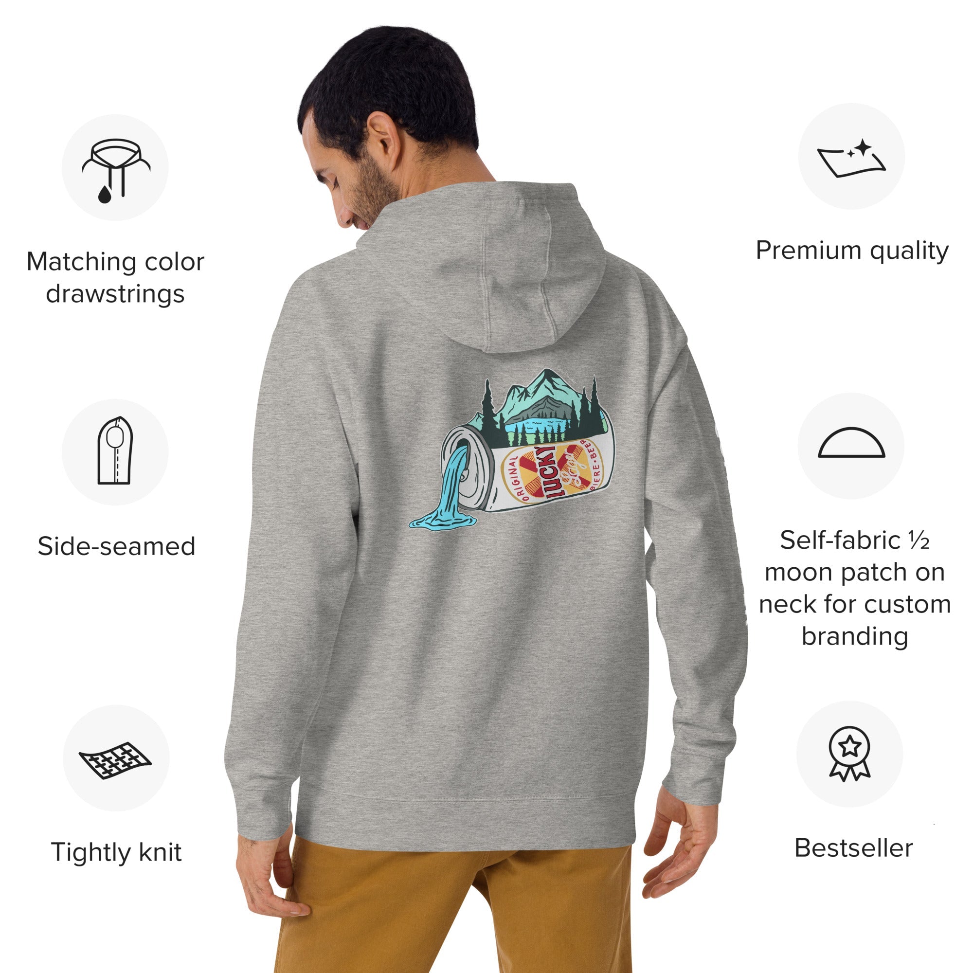 Design of Lucky Lager Scenic Waterfall - Unisex Hoodie , the colour is Carbon Grey