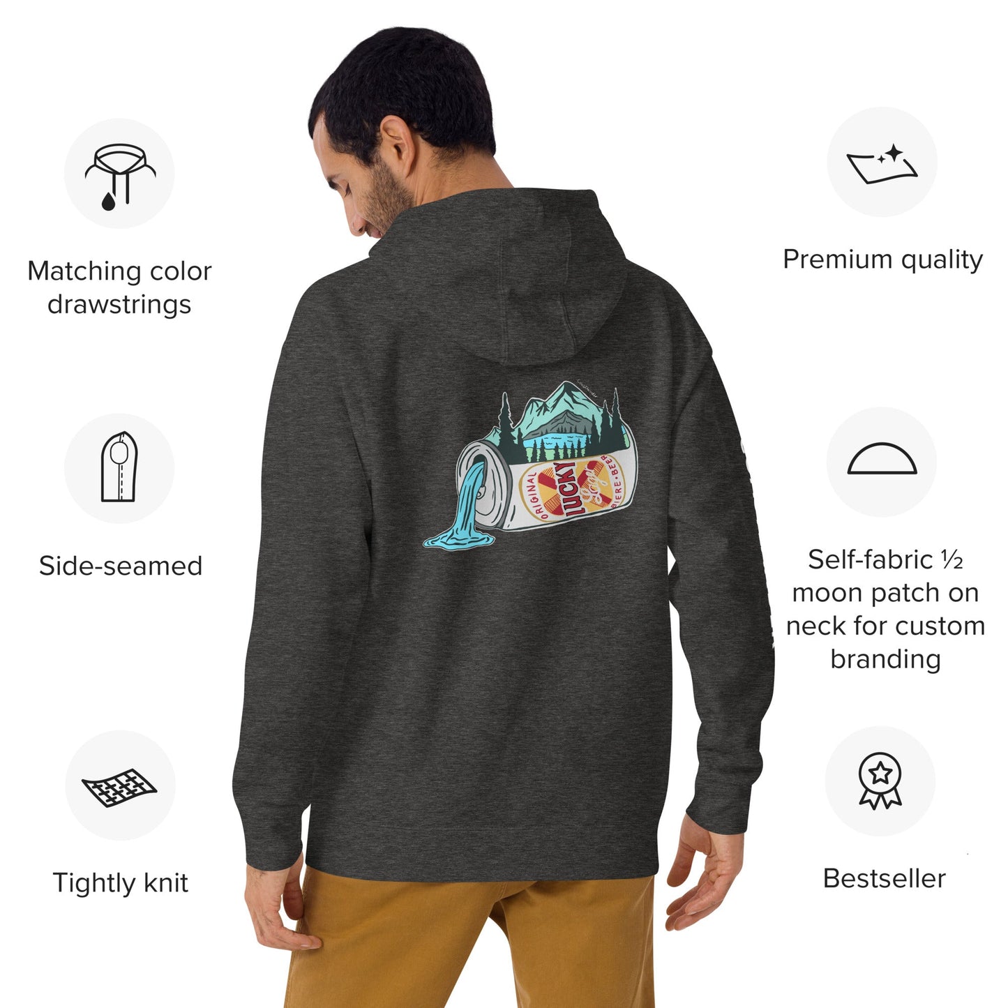 Design of Lucky Lager Scenic Waterfall - Unisex Hoodie , the colour is Charcoal Heather