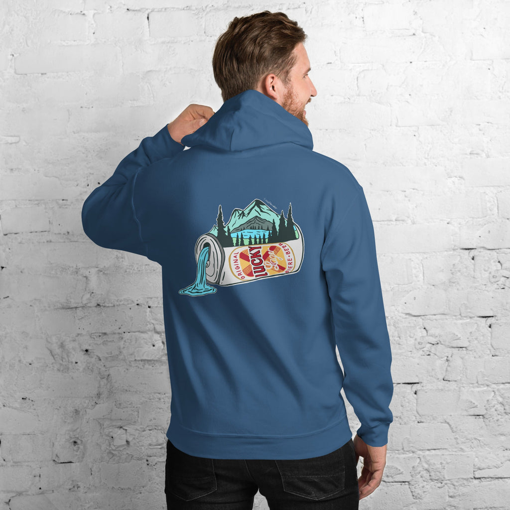 Design of Lucky Lager Scenic Waterfall - Unisex Hoodie , the colour is Indigo Blue