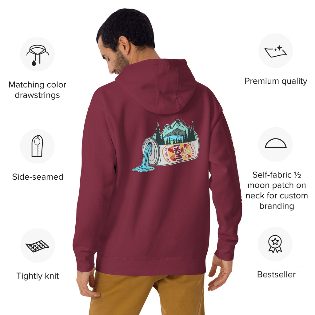 Design of Lucky Lager Scenic Waterfall - Unisex Hoodie , the colour is Maroon