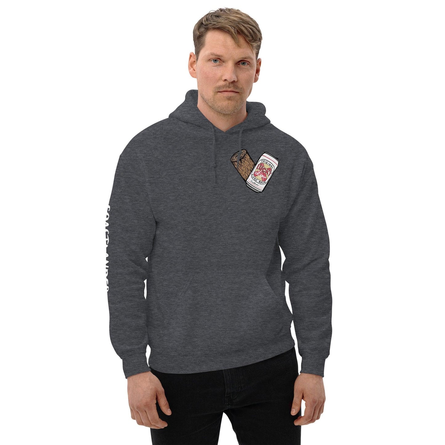 Design of Lucky Lager - Stump - Heart - Unisex Hoodie , the colour is Dark Heather