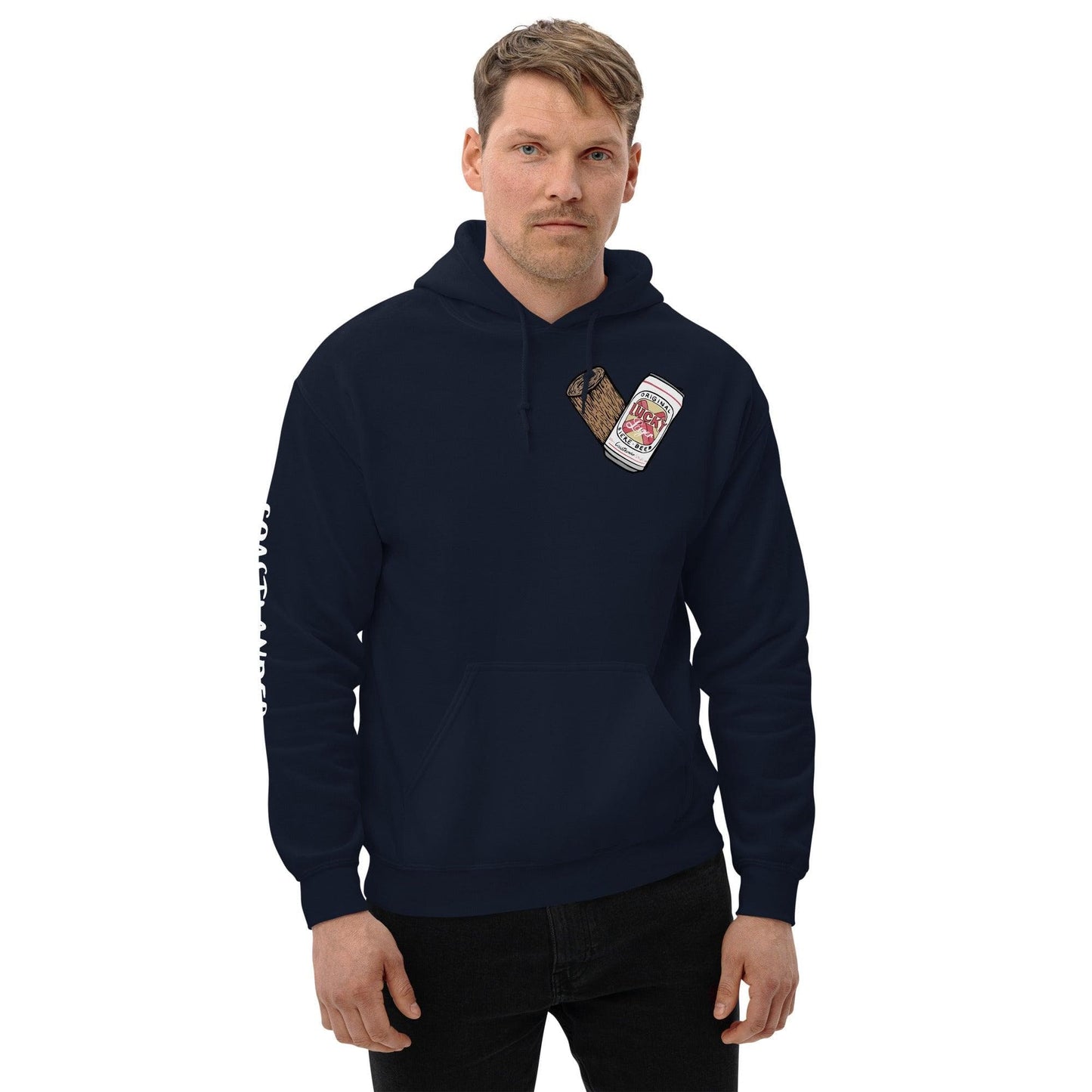 Design of Lucky Lager - Stump - Heart - Unisex Hoodie , the colour is Navy