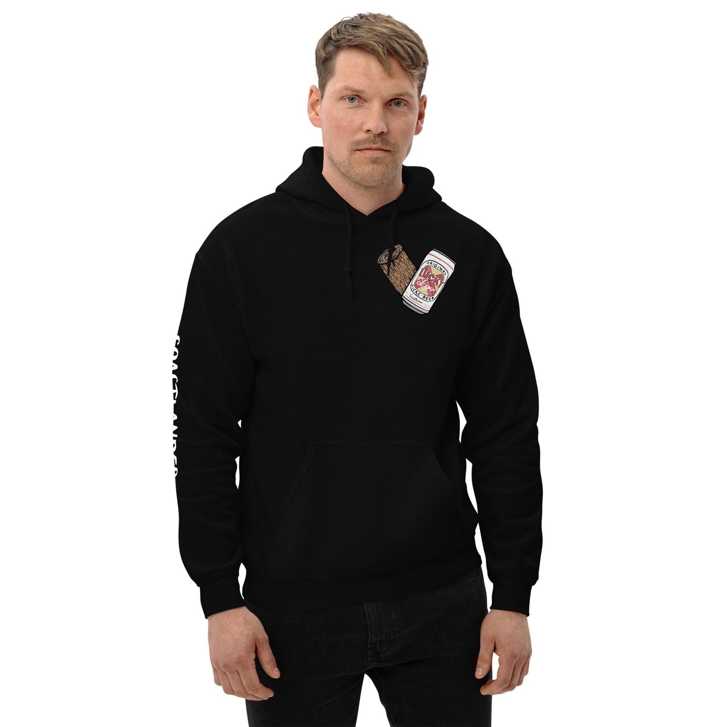 Design of Lucky Lager - Stump - Heart - Unisex Hoodie , the colour is Black