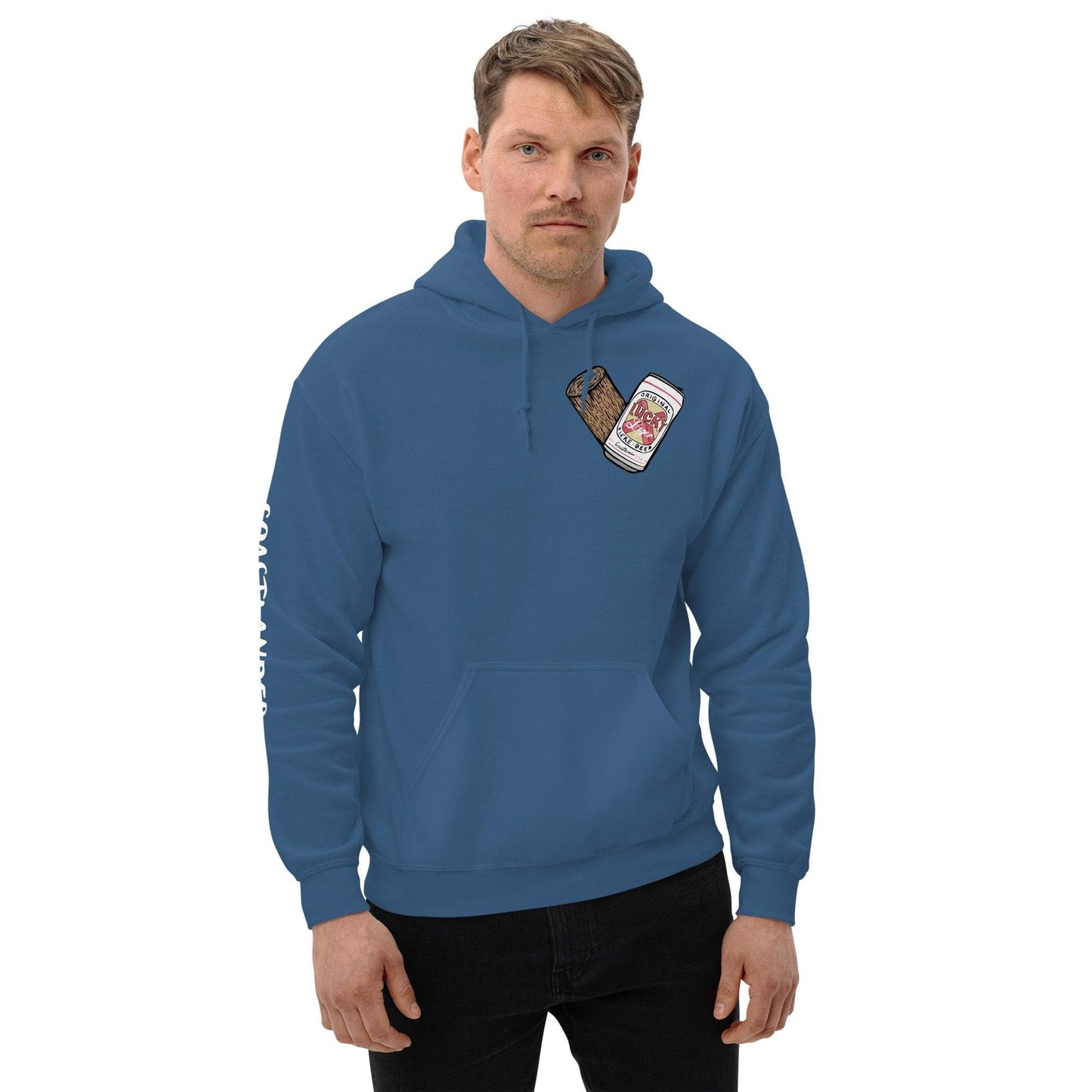 Design of Lucky Lager - Stump - Heart - Unisex Hoodie , the colour is Indigo Blue