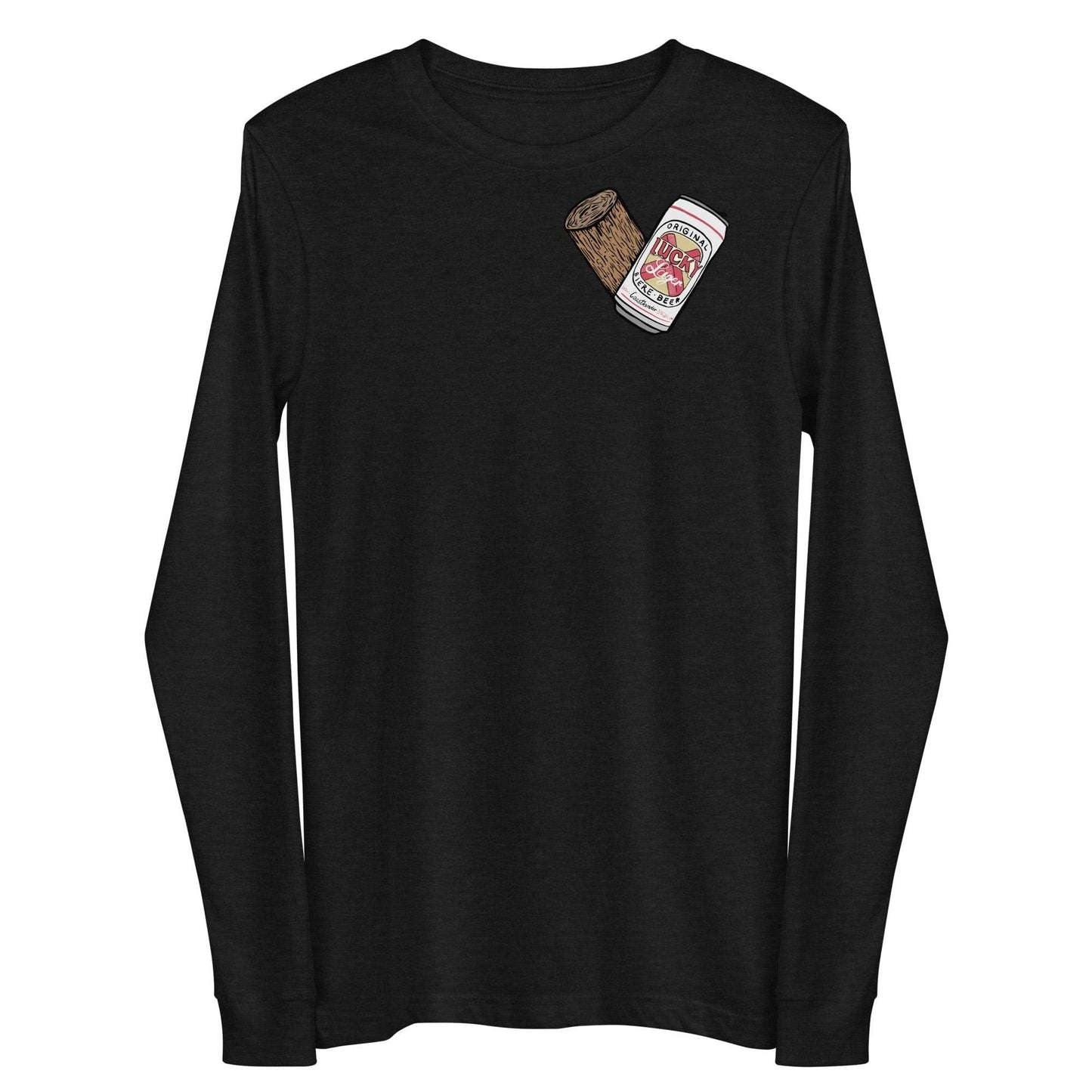 Design of Lucky Lager - Stump - Heart - Unisex Long Sleeve Tee , the colour is Black Heather