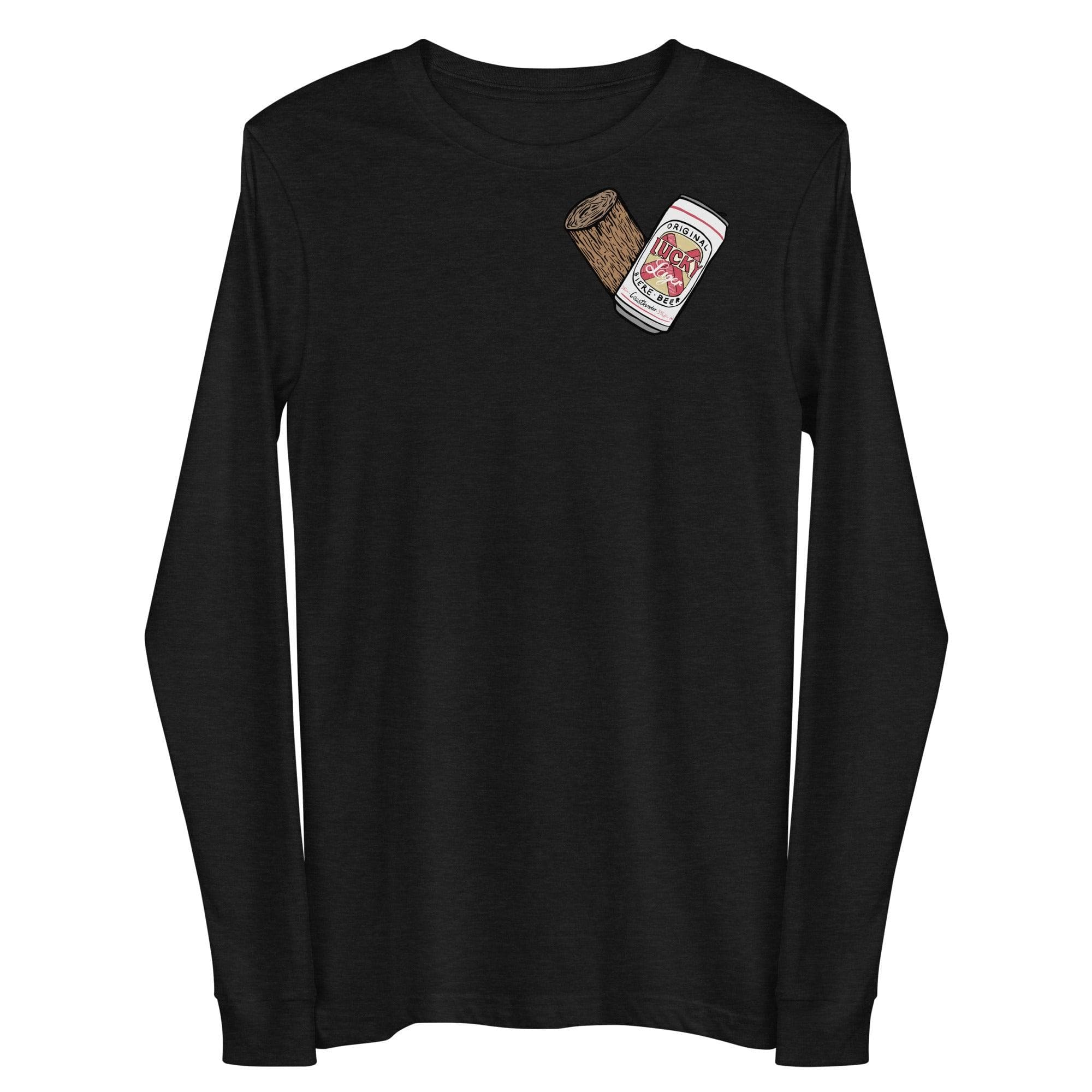 Design of Lucky Lager - Stump - Heart - Unisex Long Sleeve Tee , the colour is Black Heather