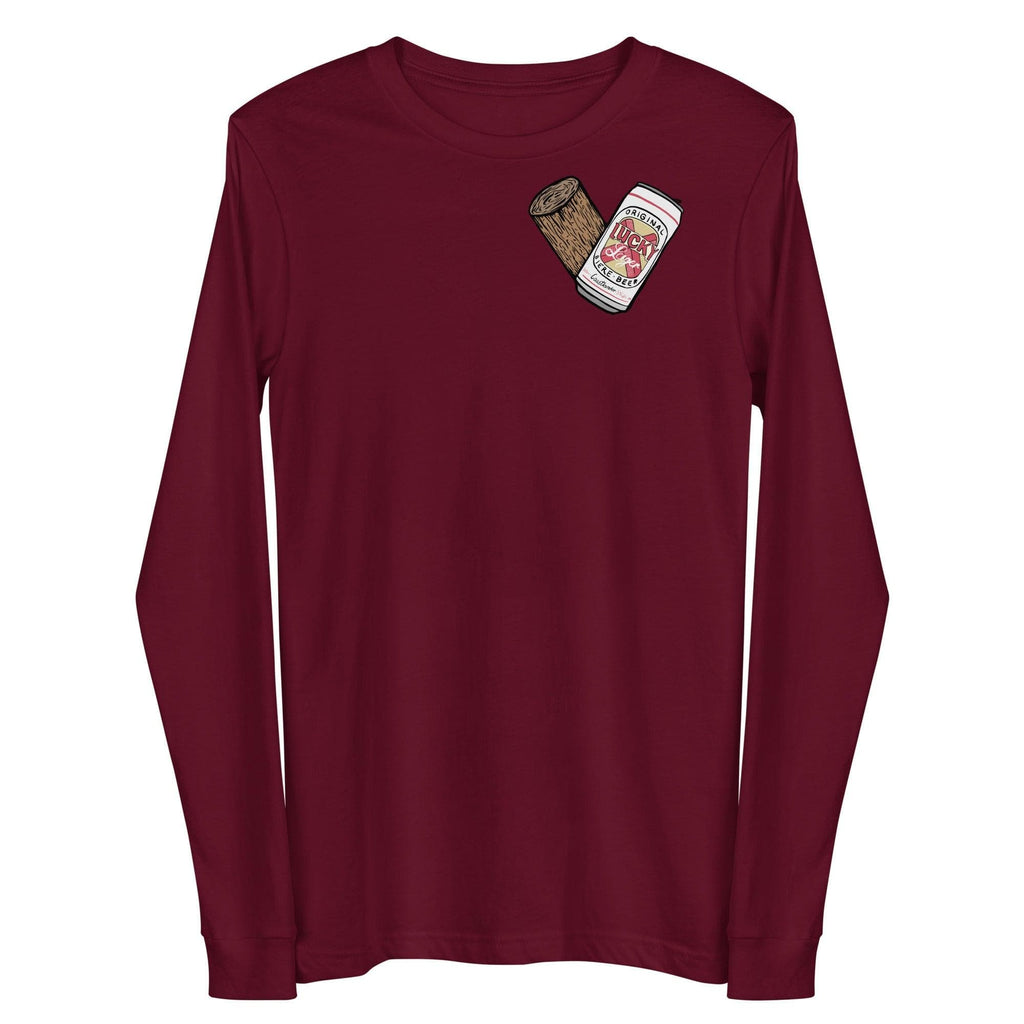Design of Lucky Lager - Stump - Heart - Unisex Long Sleeve Tee , the colour is Maroon