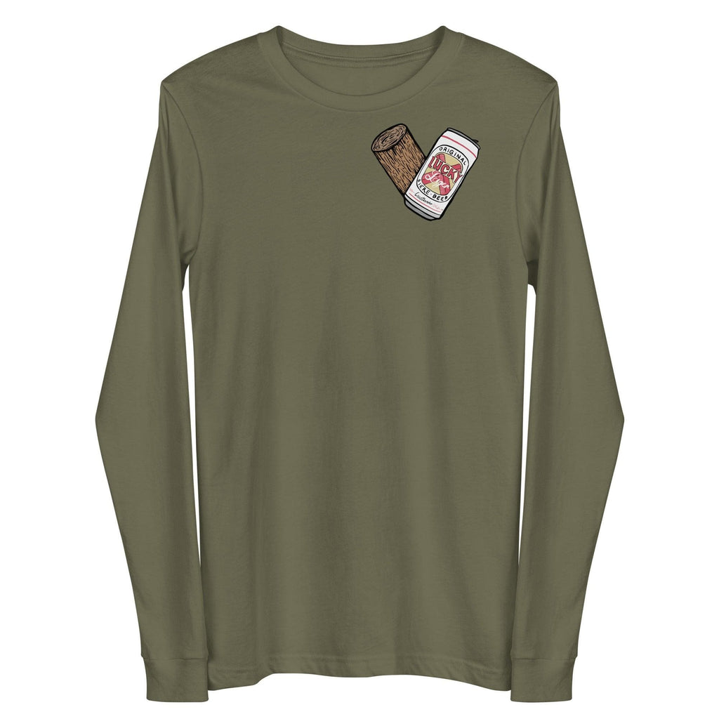 Design of Lucky Lager - Stump - Heart - Unisex Long Sleeve Tee , the colour is Military Green