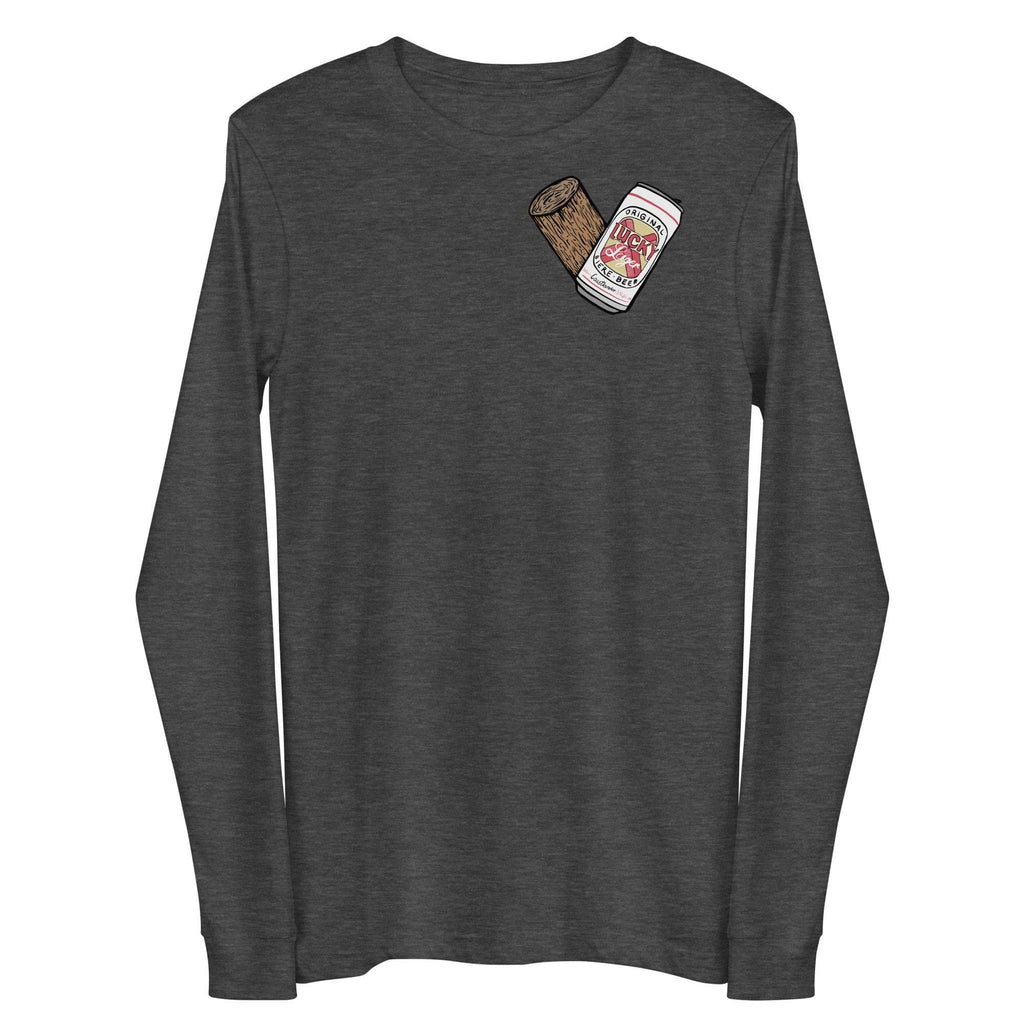 Design of Lucky Lager - Stump - Heart - Unisex Long Sleeve Tee , the colour is Dark Grey Heather