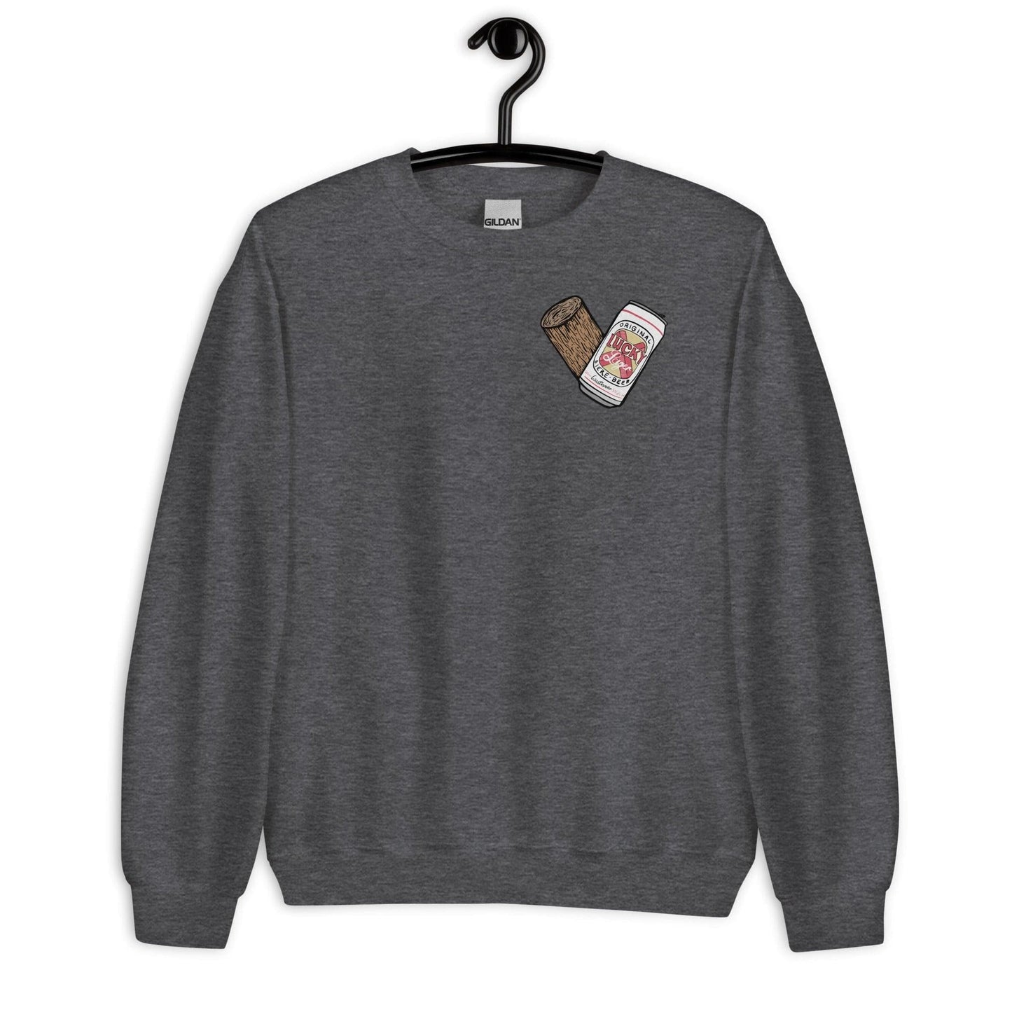 Design of Lucky Lager - Stump - Heart - Unisex Sweatshirt , the colour is Dark Heather