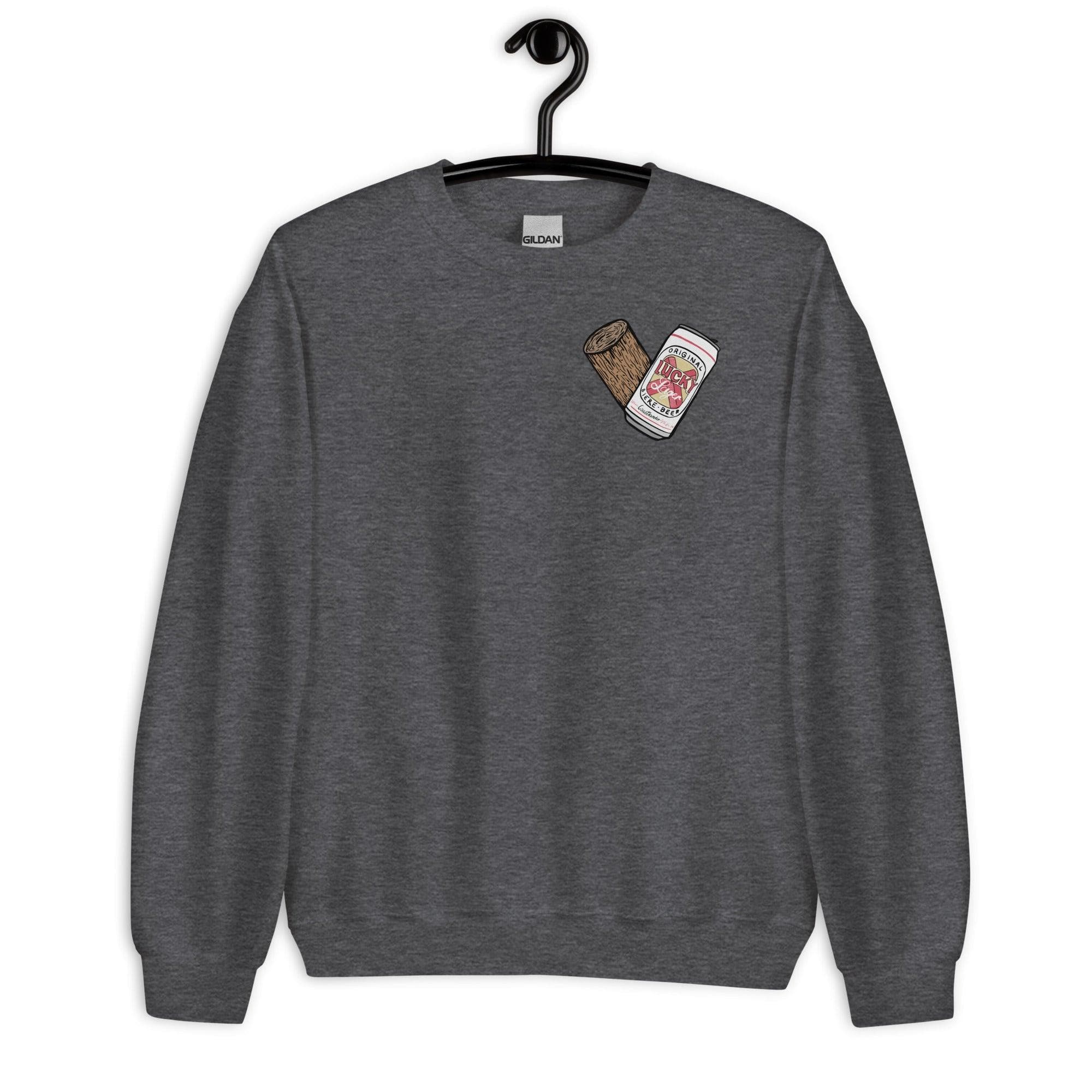 Design of Lucky Lager - Stump - Heart - Unisex Sweatshirt , the colour is Dark Heather