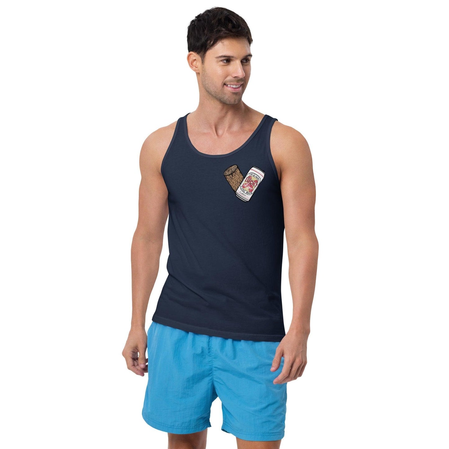 Design of Lucky Lager - Stump - Heart - Unisex Tank Top , the colour is Navy