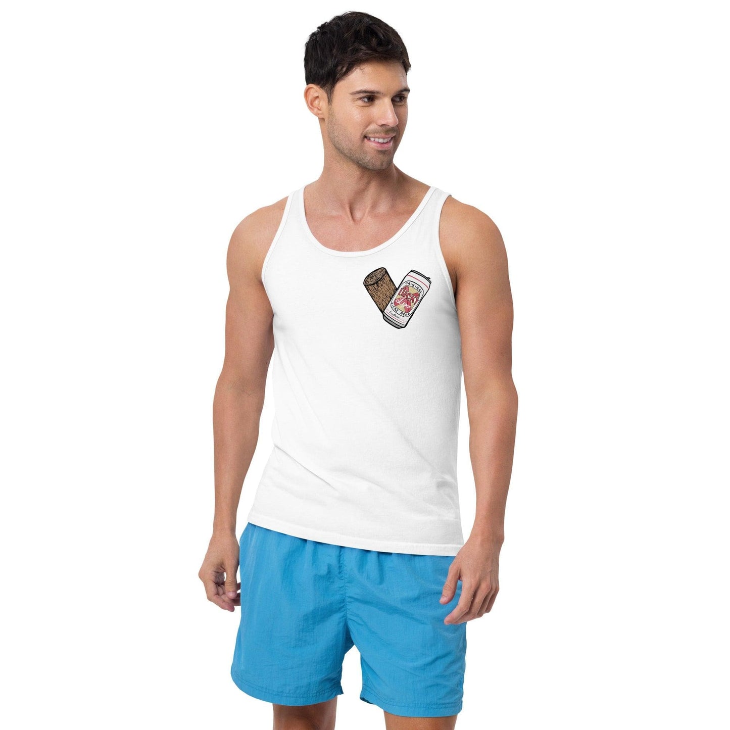 Design of Lucky Lager - Stump - Heart - Unisex Tank Top , the colour is White