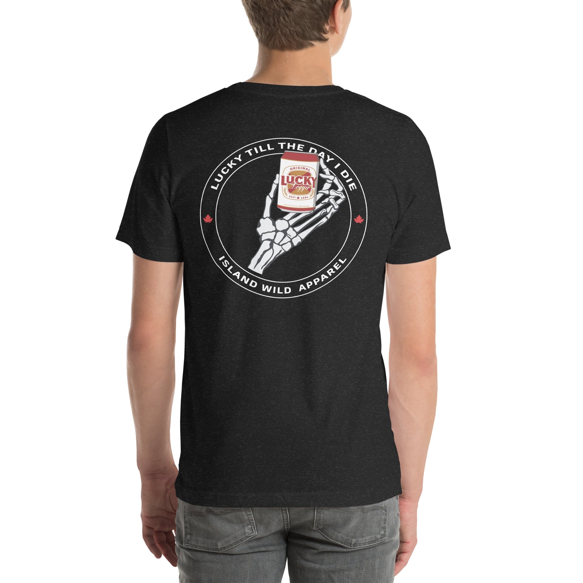 Design of Lucky Till The Day I Die - Print on front and back - Unisex t-shirt , the colour is Black Heather