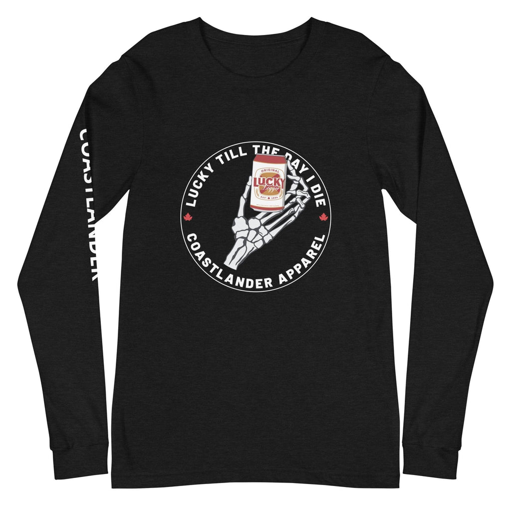 Design of Lucky Till The Day I Die - Unisex Long Sleeve Tee , the colour is Black Heather