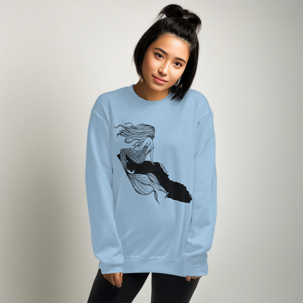 Design of Mermaid Vancouver Island Design - Black Print - Unisex Sweatshirt , the colour is Light Blue
