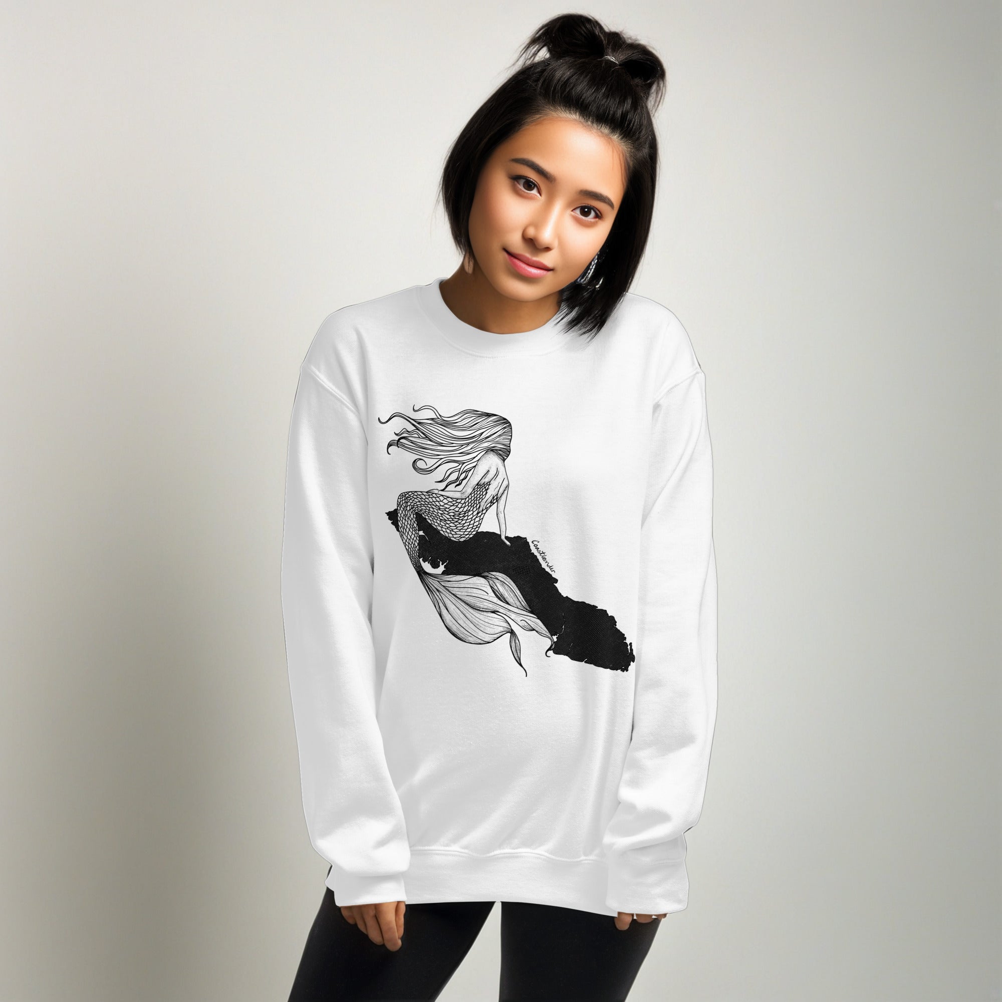 Design of Mermaid Vancouver Island Design - Black Print - Unisex Sweatshirt , the colour is White