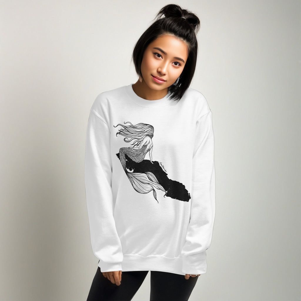 Design of Mermaid Vancouver Island Design - Black Print - Unisex Sweatshirt , the colour is White