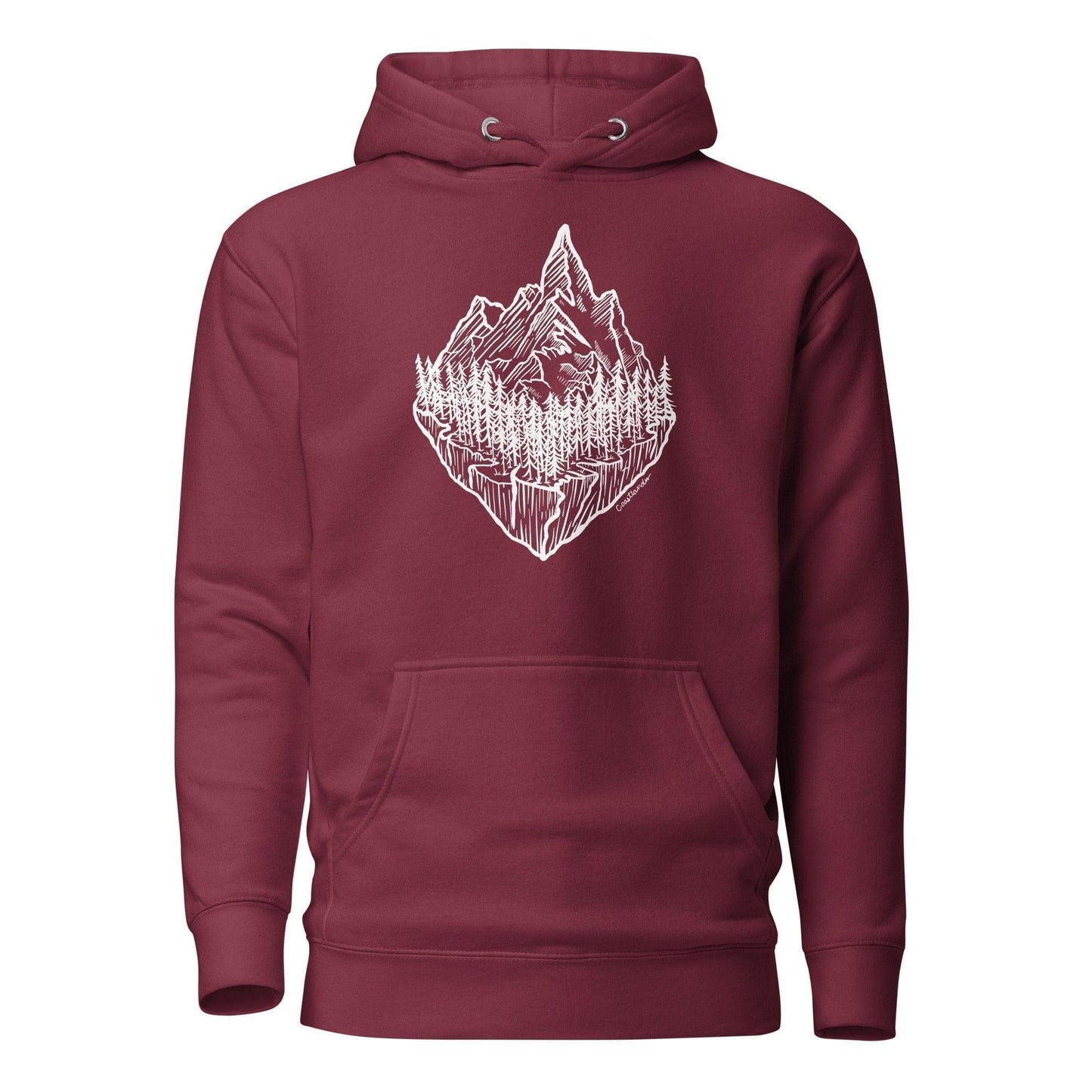Design of Mountain & Trees - Unisex Hoodie , the colour is Maroon