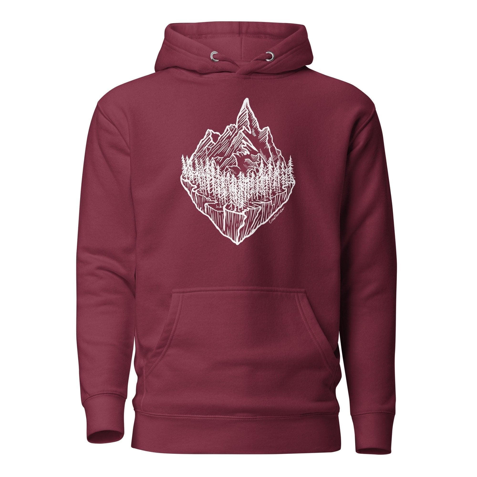 Design of Mountain & Trees - Unisex Hoodie , the colour is Maroon