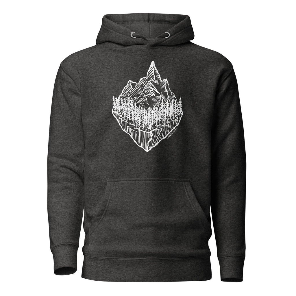 Design of Mountain & Trees - Unisex Hoodie , the colour is Charcoal Heather