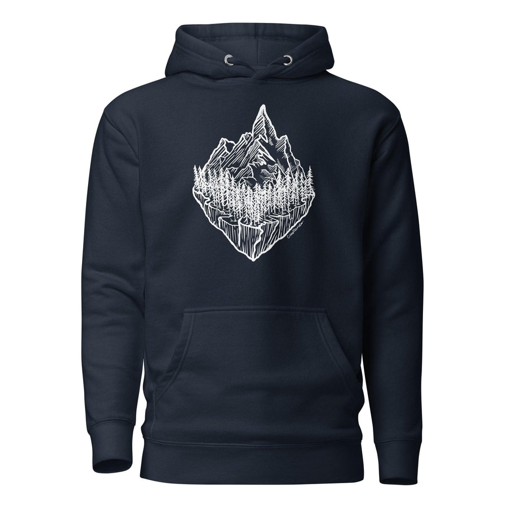 Design of Mountain & Trees - Unisex Hoodie , the colour is Navy Blazer