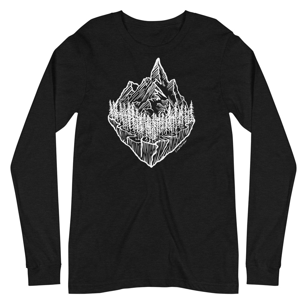 Design of Mountain & Trees - Unisex Long Sleeve Tee , the colour is Black Heather