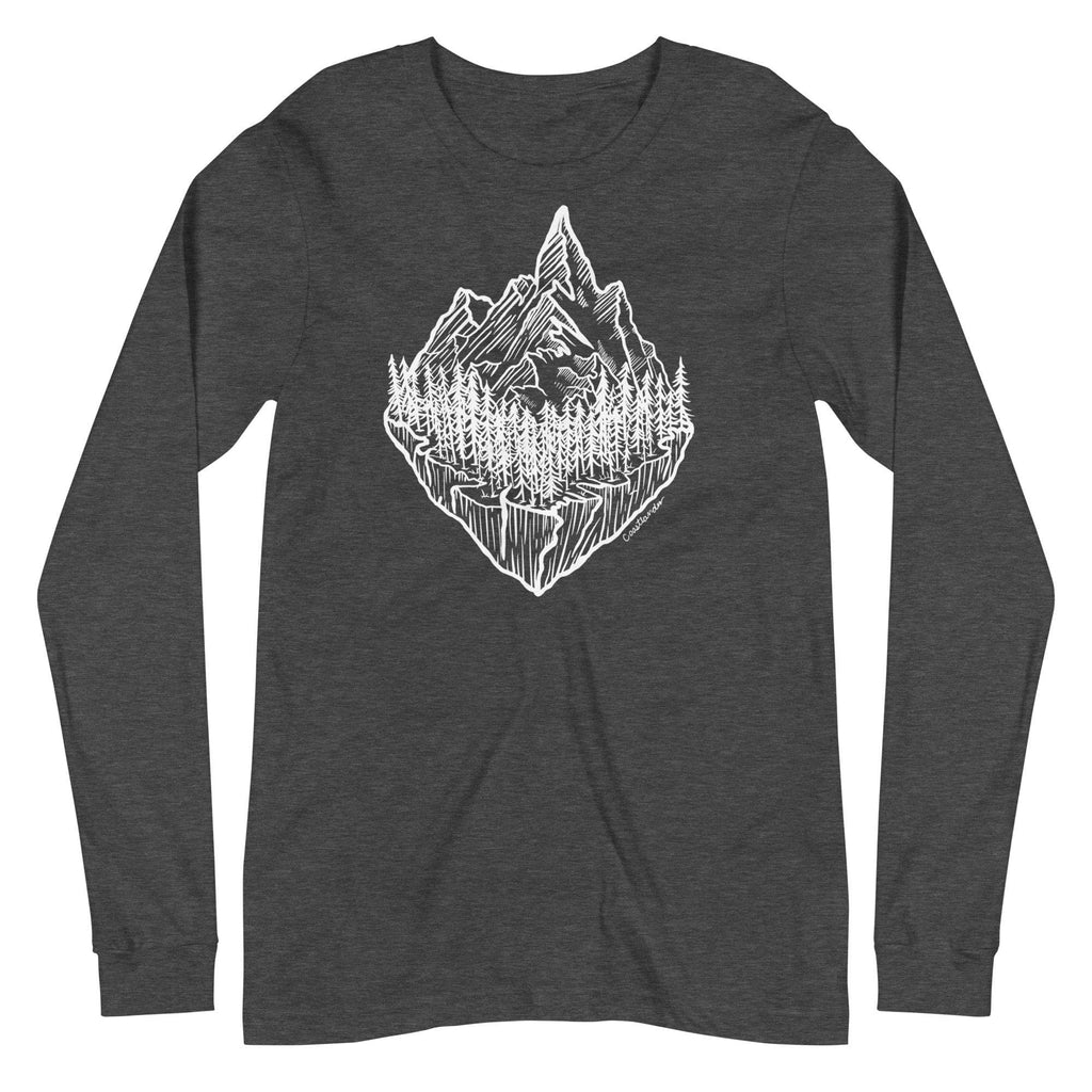 Design of Mountain & Trees - Unisex Long Sleeve Tee , the colour is Dark Grey Heather
