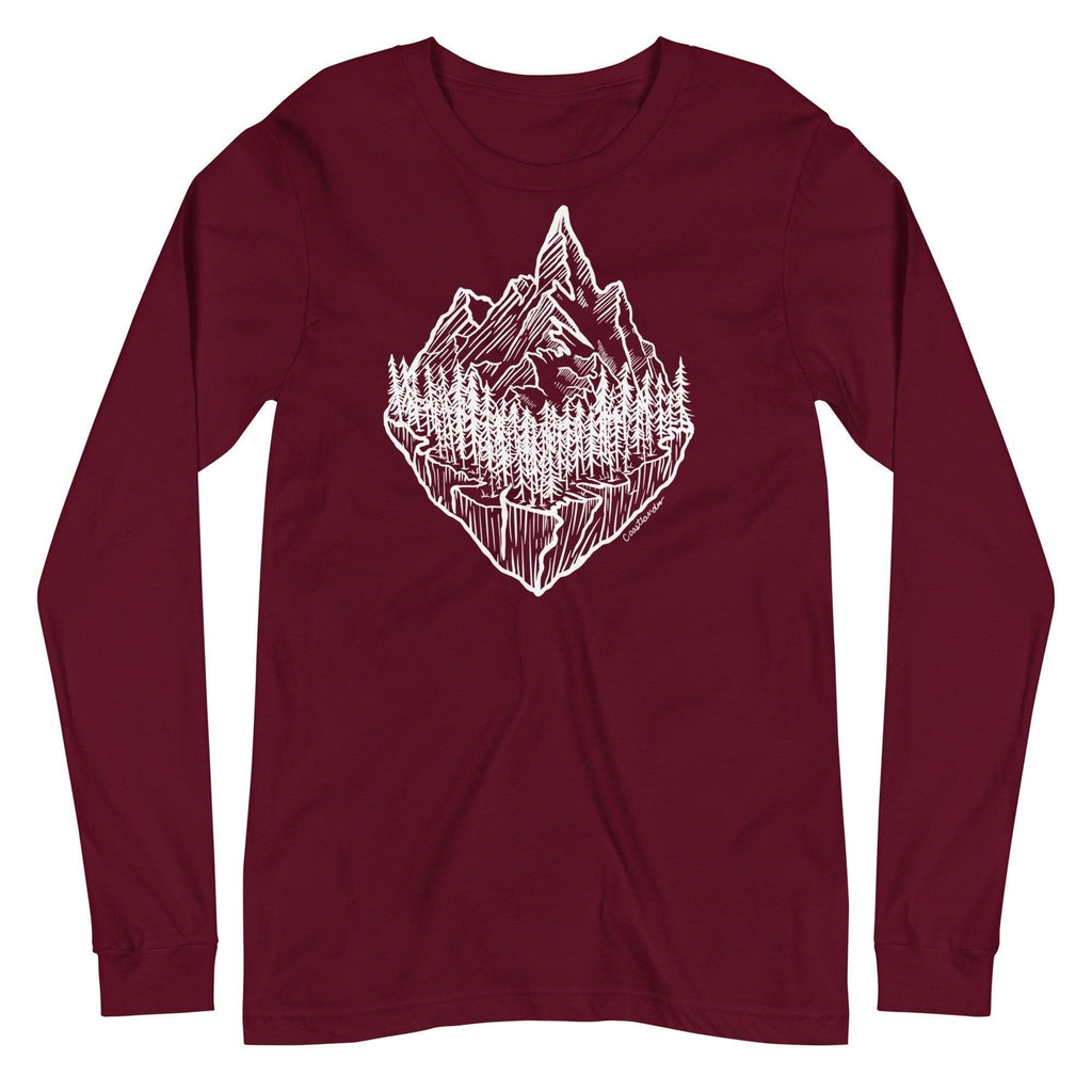 Design of Mountain & Trees - Unisex Long Sleeve Tee , the colour is Maroon