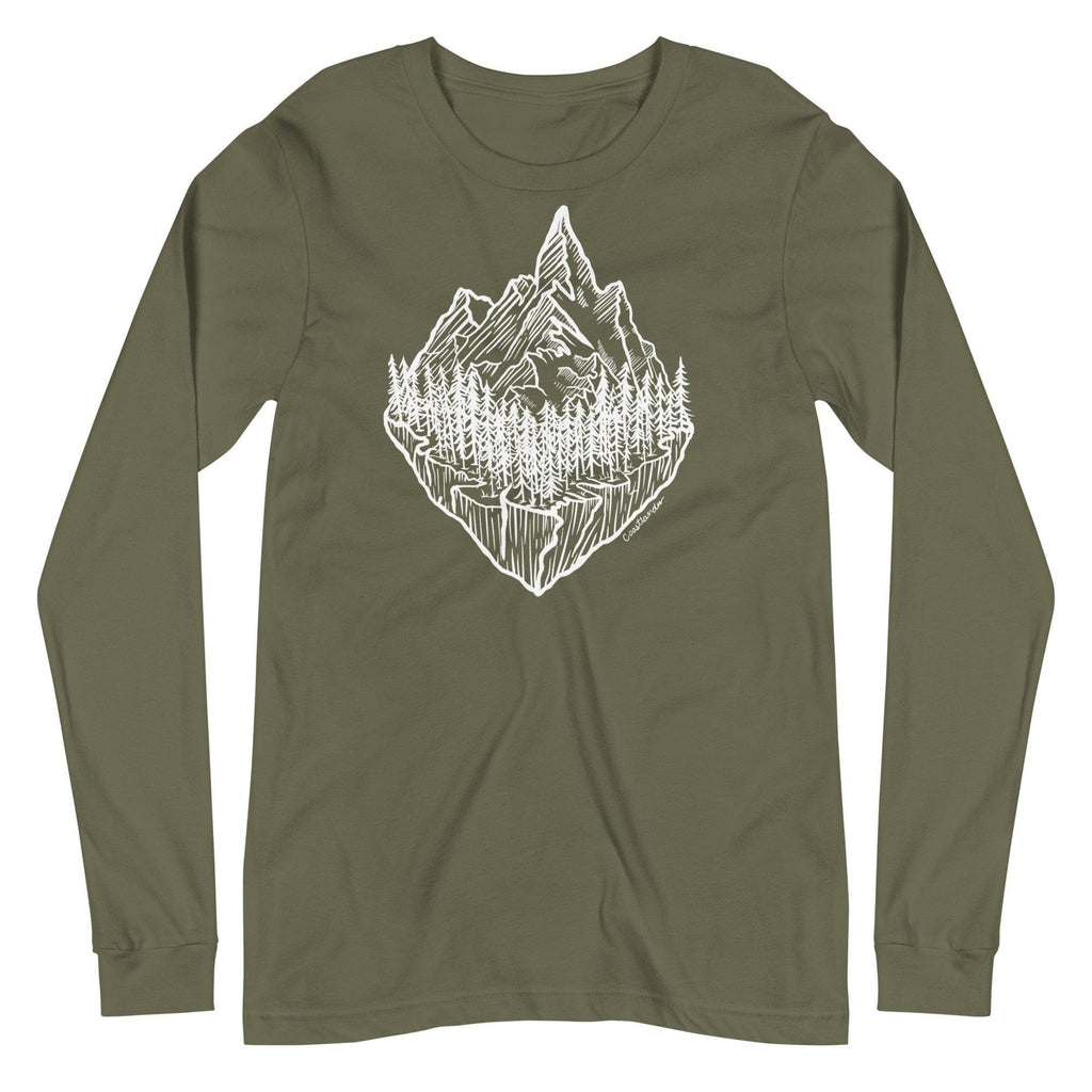 Design of Mountain & Trees - Unisex Long Sleeve Tee , the colour is Military Green