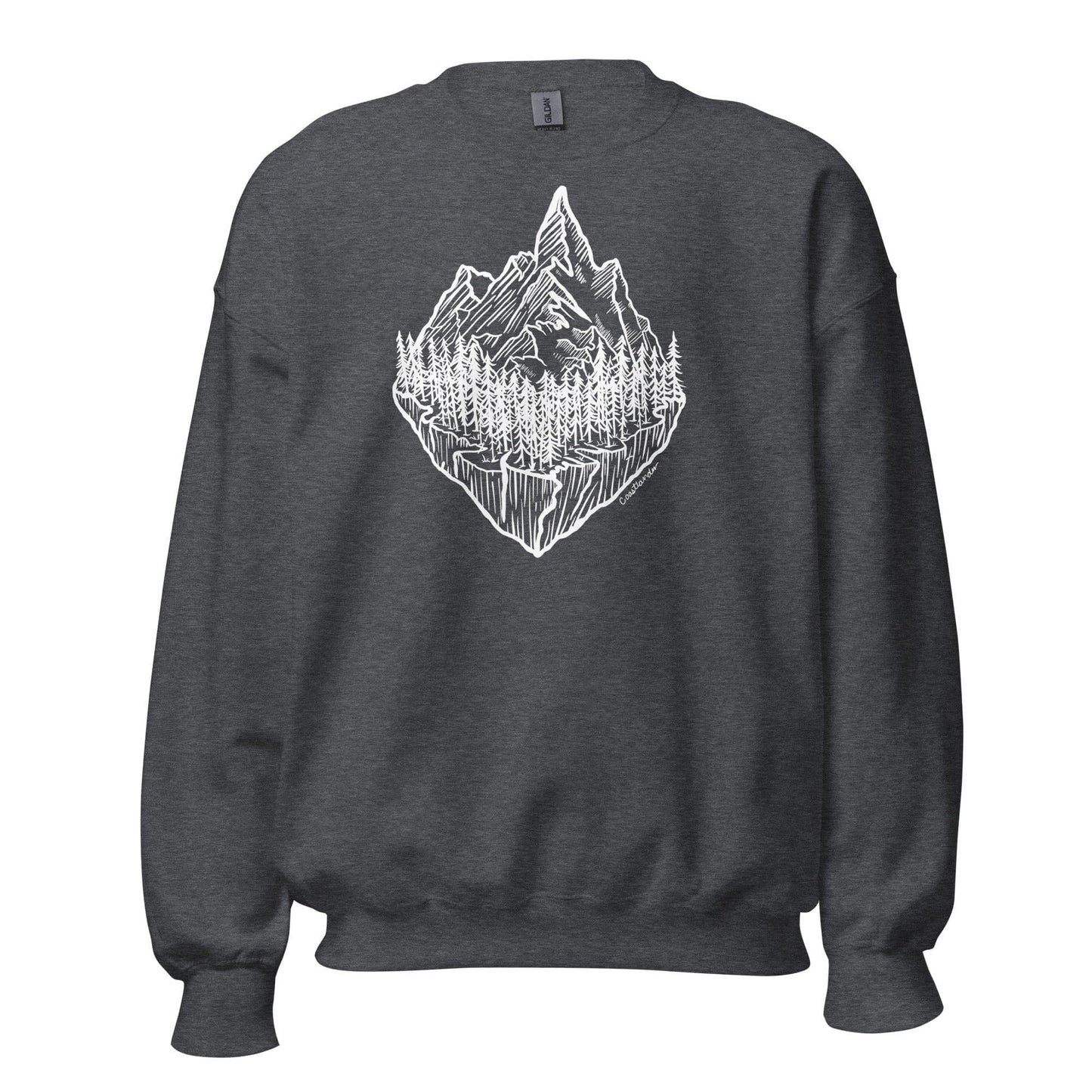 Design of Mountain & Trees - Unisex Sweatshirt , the colour is Dark Heather
