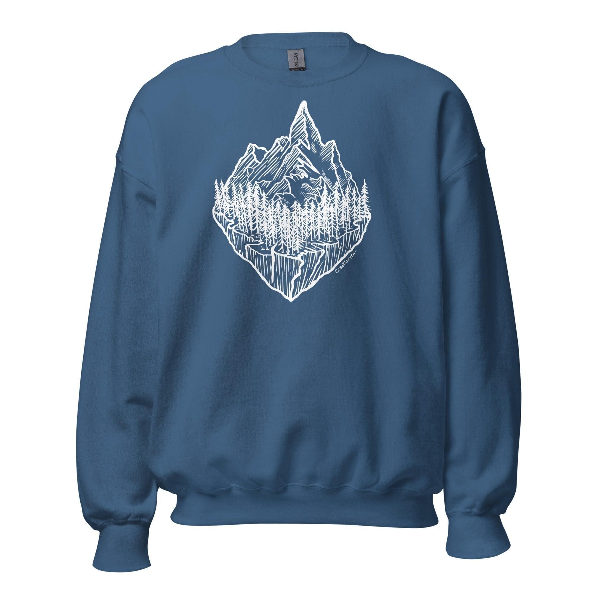 Design of Mountain & Trees - Unisex Sweatshirt , the colour is Indigo Blue