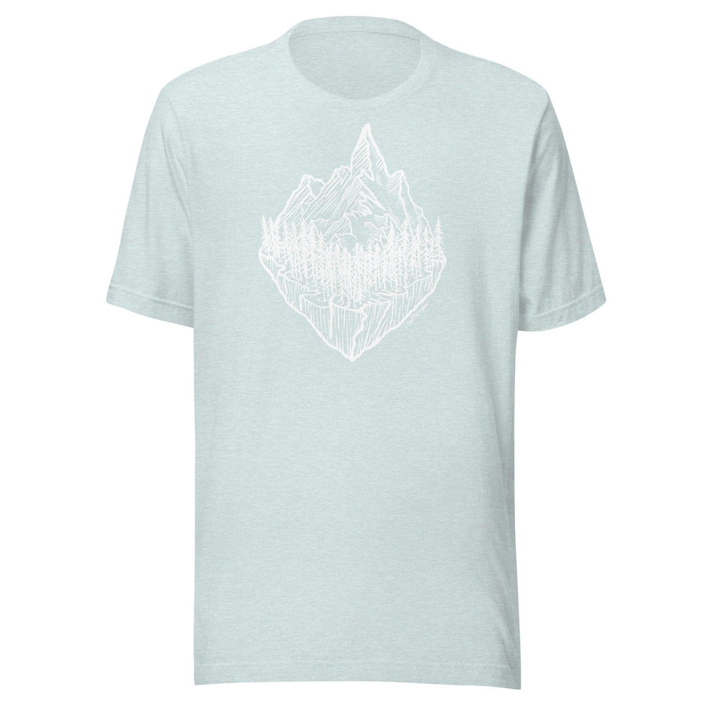 Design of Mountain & Trees - Unisex t-shirt , the colour is Heather Prism Ice Blue