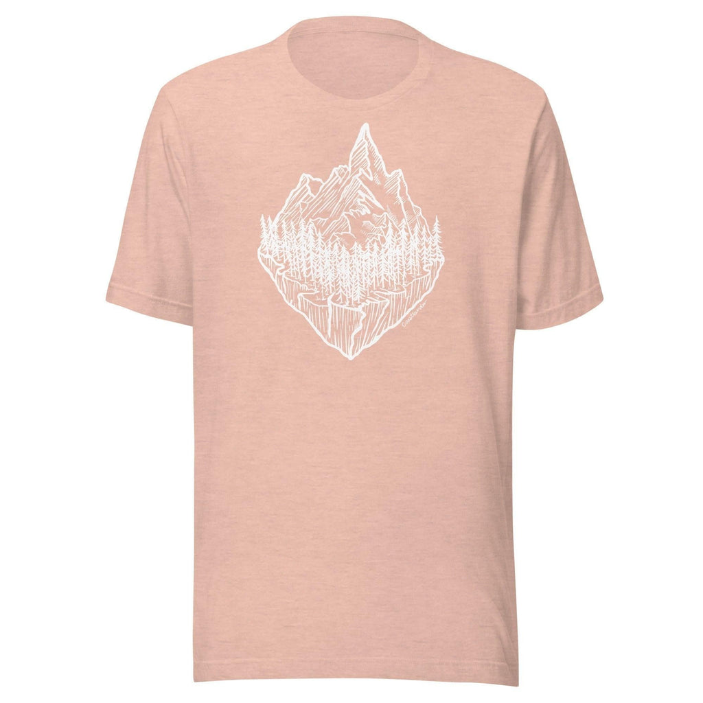 Design of Mountain & Trees - Unisex t-shirt , the colour is Heather Prism Peach