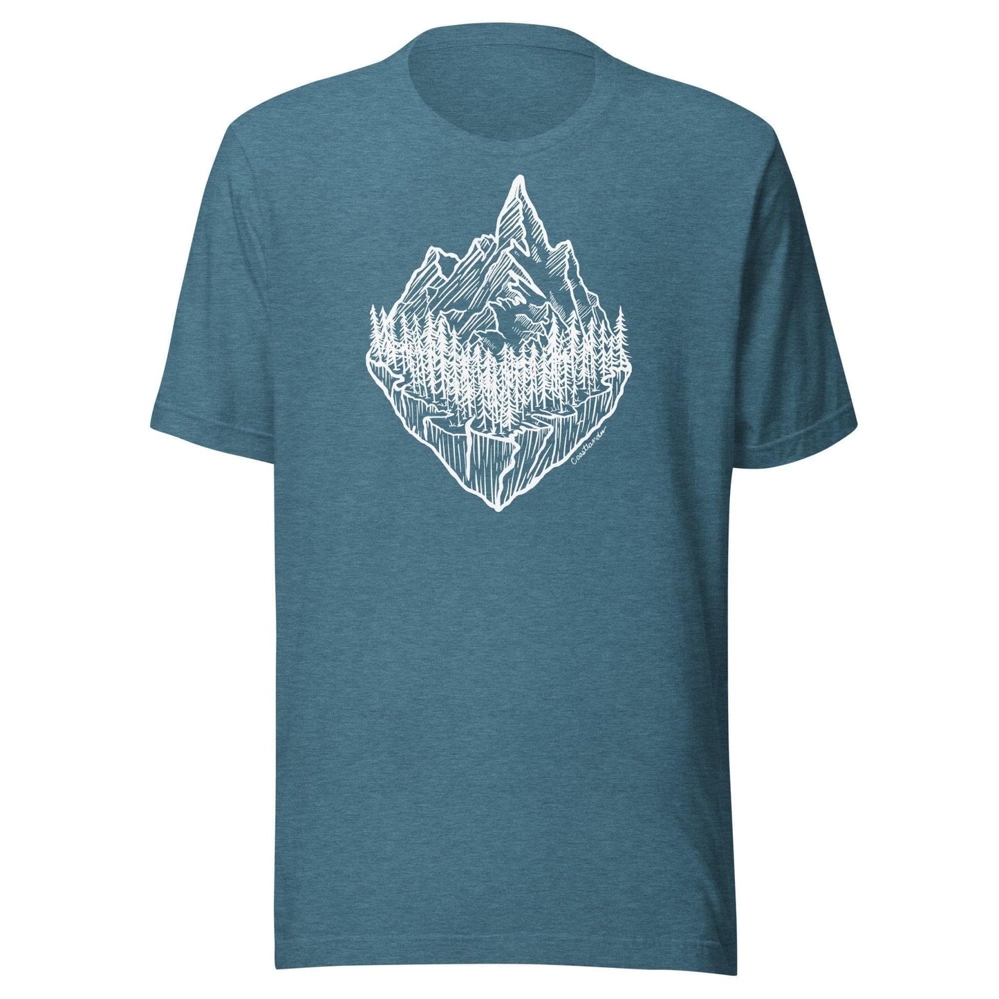 Design of Mountain & Trees - Unisex t-shirt , the colour is Heather Deep Teal