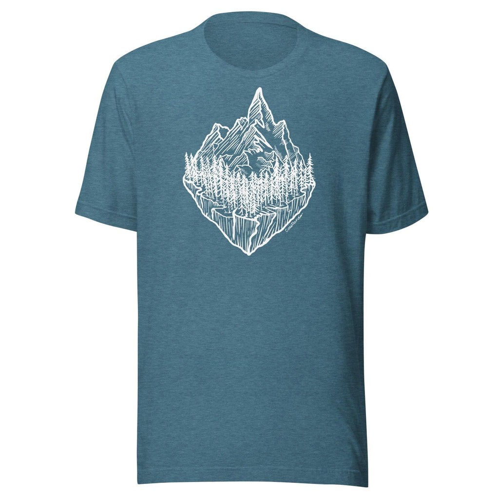 Design of Mountain & Trees - Unisex t-shirt , the colour is Heather Deep Teal