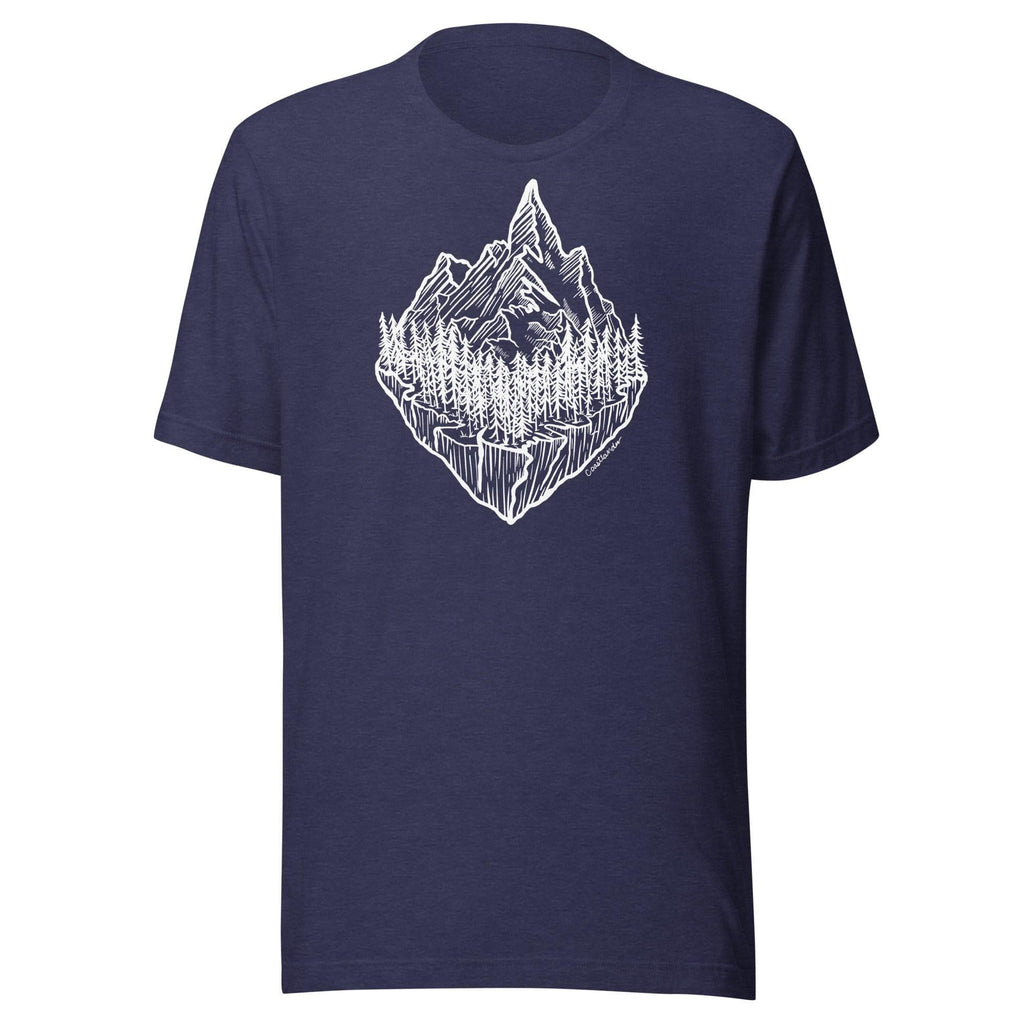 Design of Mountain & Trees - Unisex t-shirt , the colour is Heather Midnight Navy