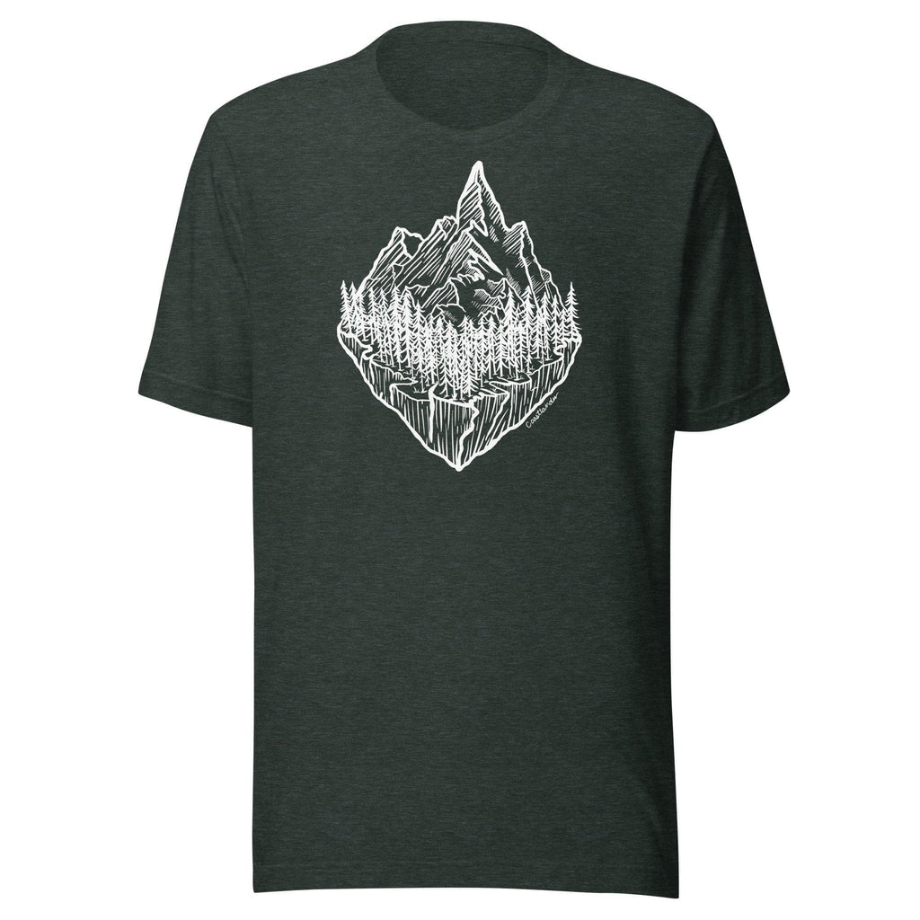 Design of Mountain & Trees - Unisex t-shirt , the colour is Heather Forest