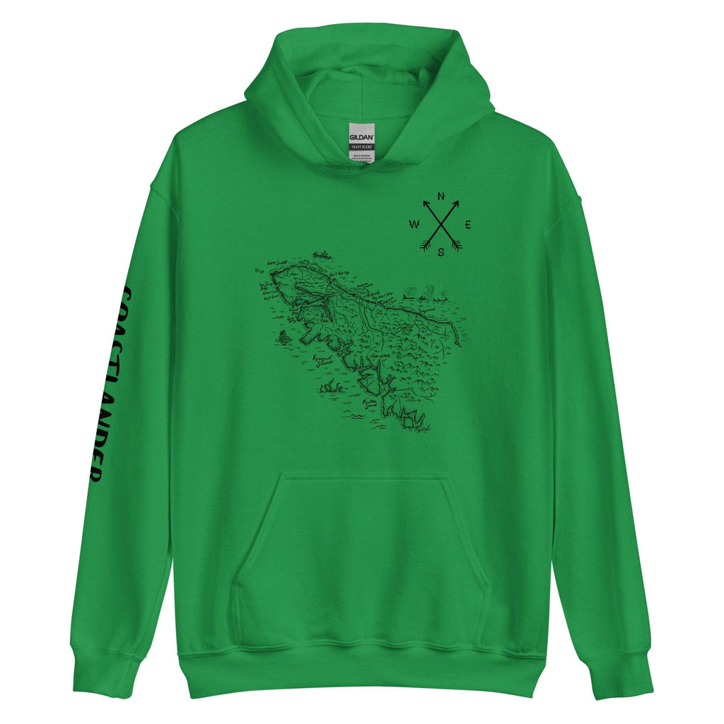 Design of North Island Map - Unisex Hoodie , the colour is Irish Green