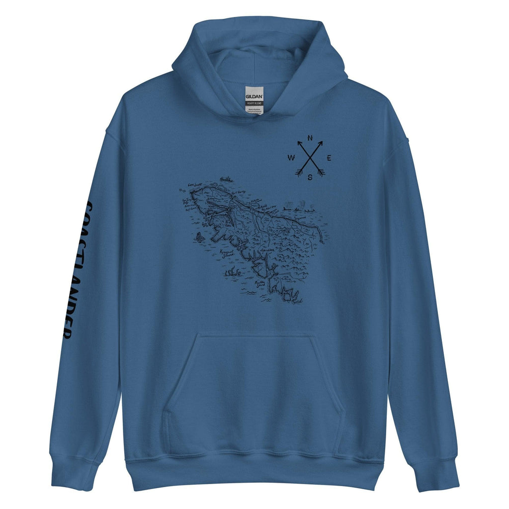 Design of North Island Map - Unisex Hoodie , the colour is Indigo Blue