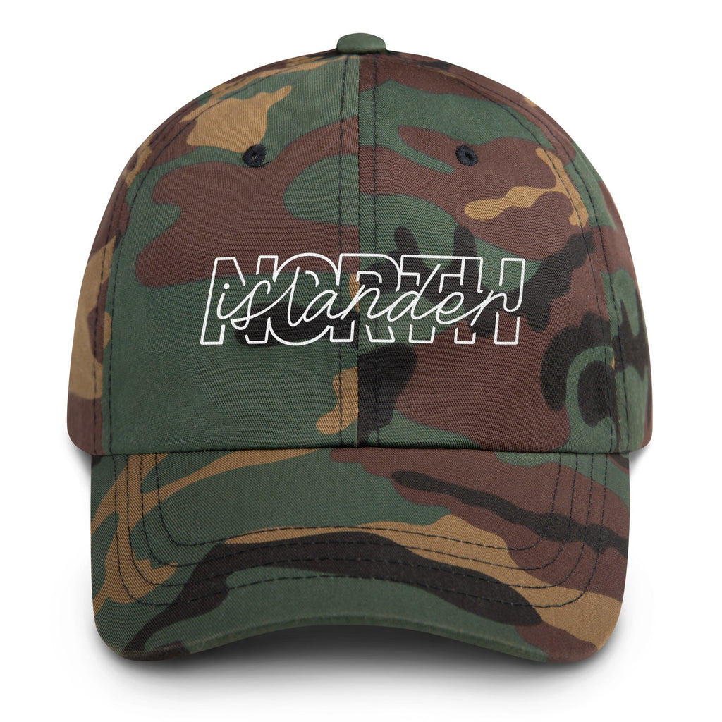 Design of North Islander - Dad hat , the colour is Green Camo