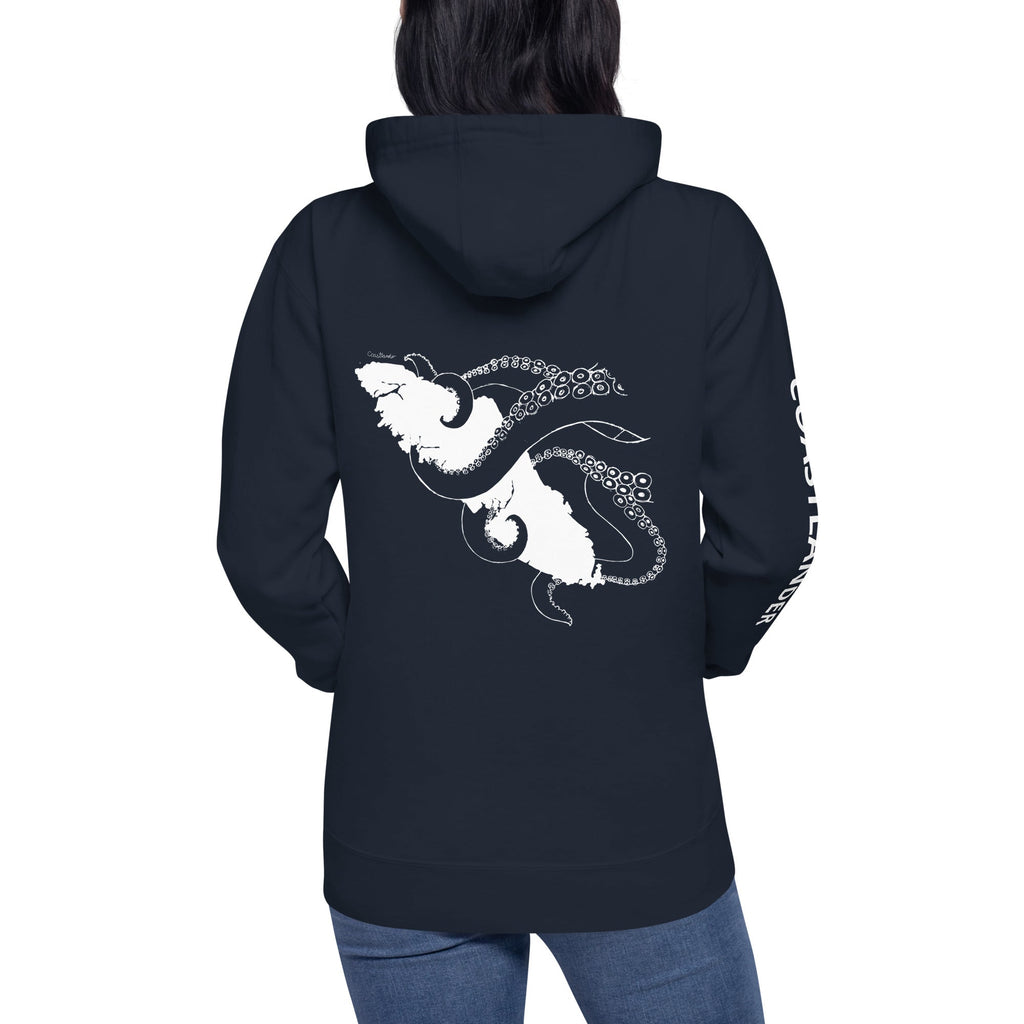 Design of Octopus Vancouver Island Kraken - on back - Unisex Hoodie , the colour is Navy Blazer